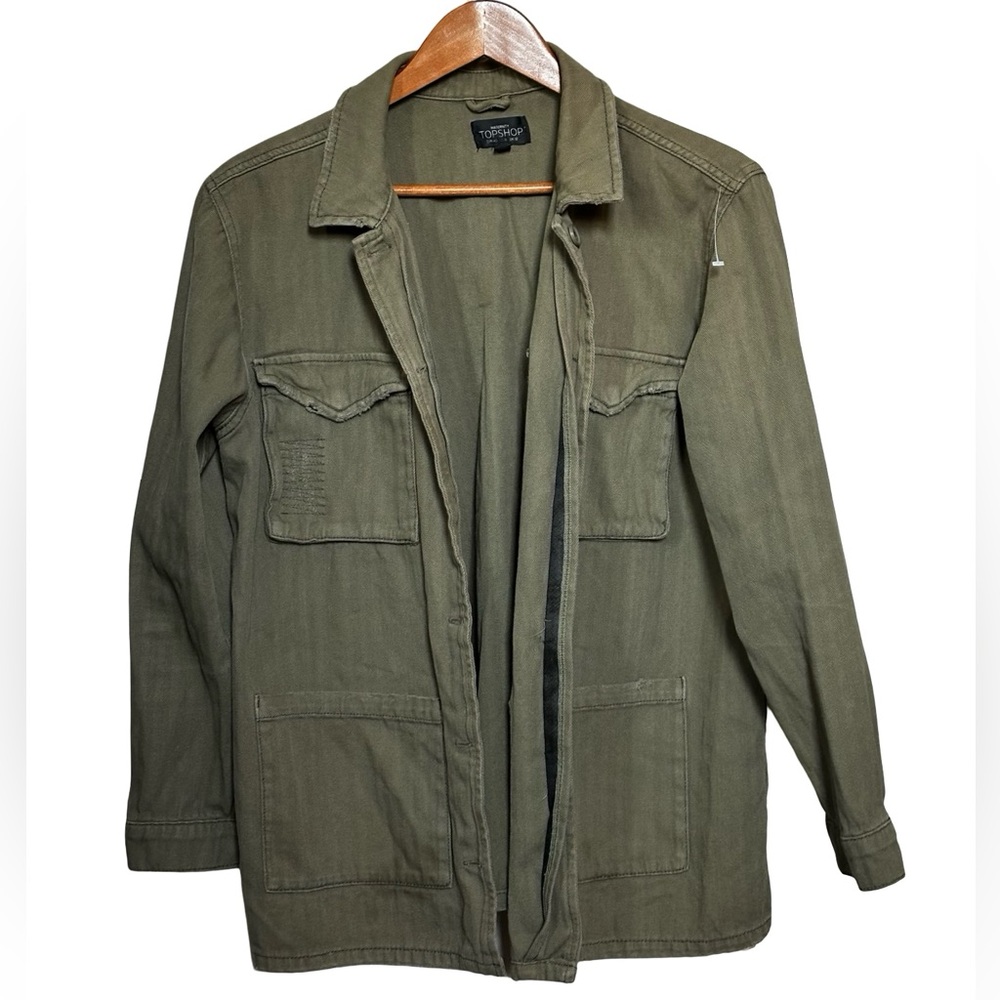 Topshop Maternity Distressed Utility Jacket Olive Green Women Size 8.
